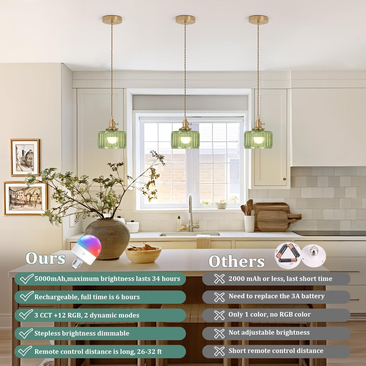 Battery Operated Pendant Light 5000mAh Rechargeable Chandelier with Remote Control Wireless Adjustable Hanging Green Striped Light for Kitchen Island Dining Room Hallway (Z-Striped Green new)