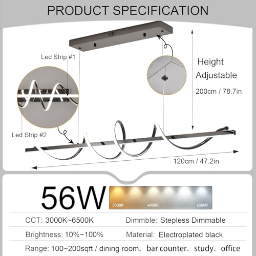 47.24" Modern Led Pendant Light for Kitchen Island Lighting (Electroplated Black / 47.24in)