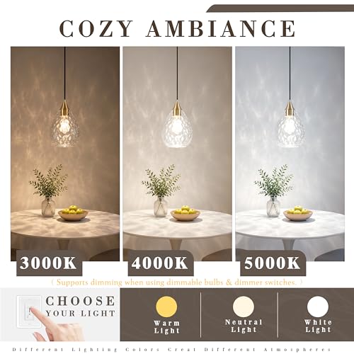 Gold Glass Pendant Lights Kitchen Island 8" Pendant Light Hammered Clear Glass 3 Pack Height Adjustable Modern Hanging Pendant Lights for Dining Room Bedroom Hallway Sink Bulbs Incl (Gold, 3 PK / 8 Inch)