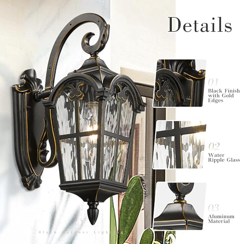 Vintage Outdoor Lighting Fixture Wall Sconces with Water Ripple Glass (Black & Gold Edges - Water Ripple Glass / 17.5 Inch - No Function)