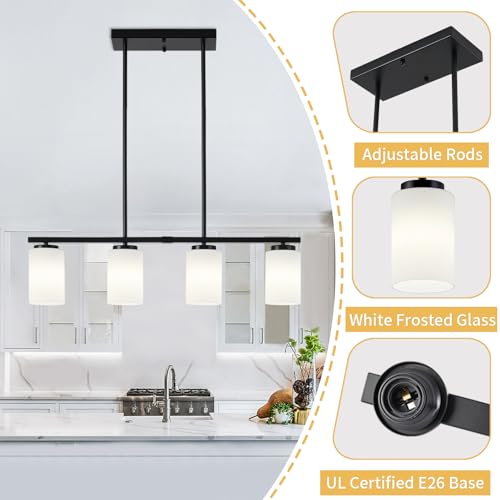 30'' Island Lights for Kitchen Black Chandelier Dining Room Light Fixtures (4-Light White Glass)
