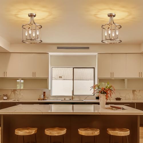 Brushed Nickel Semi Flush Mount Ceiling Light Fixture Modern 4 Light Round Small Mini Chandelier Cage Ceiling Lights for Entryway Foyer Hallway 12" Geometric Dining Room Chandelier (183-Brushed Nickel)