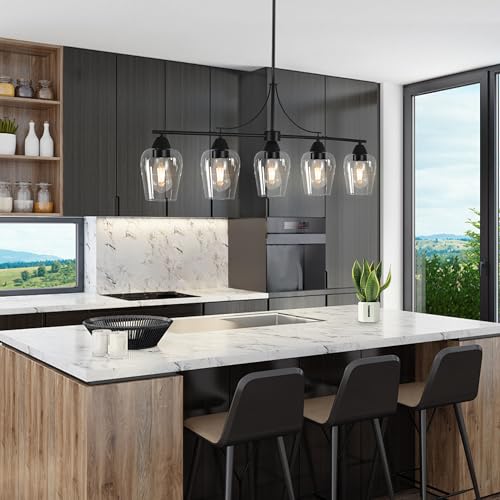 Chandeliers for Dining Room Black Dining Room Light Fixture Height Adjustable Linear Pendant Light with Clear Glass Lampshade