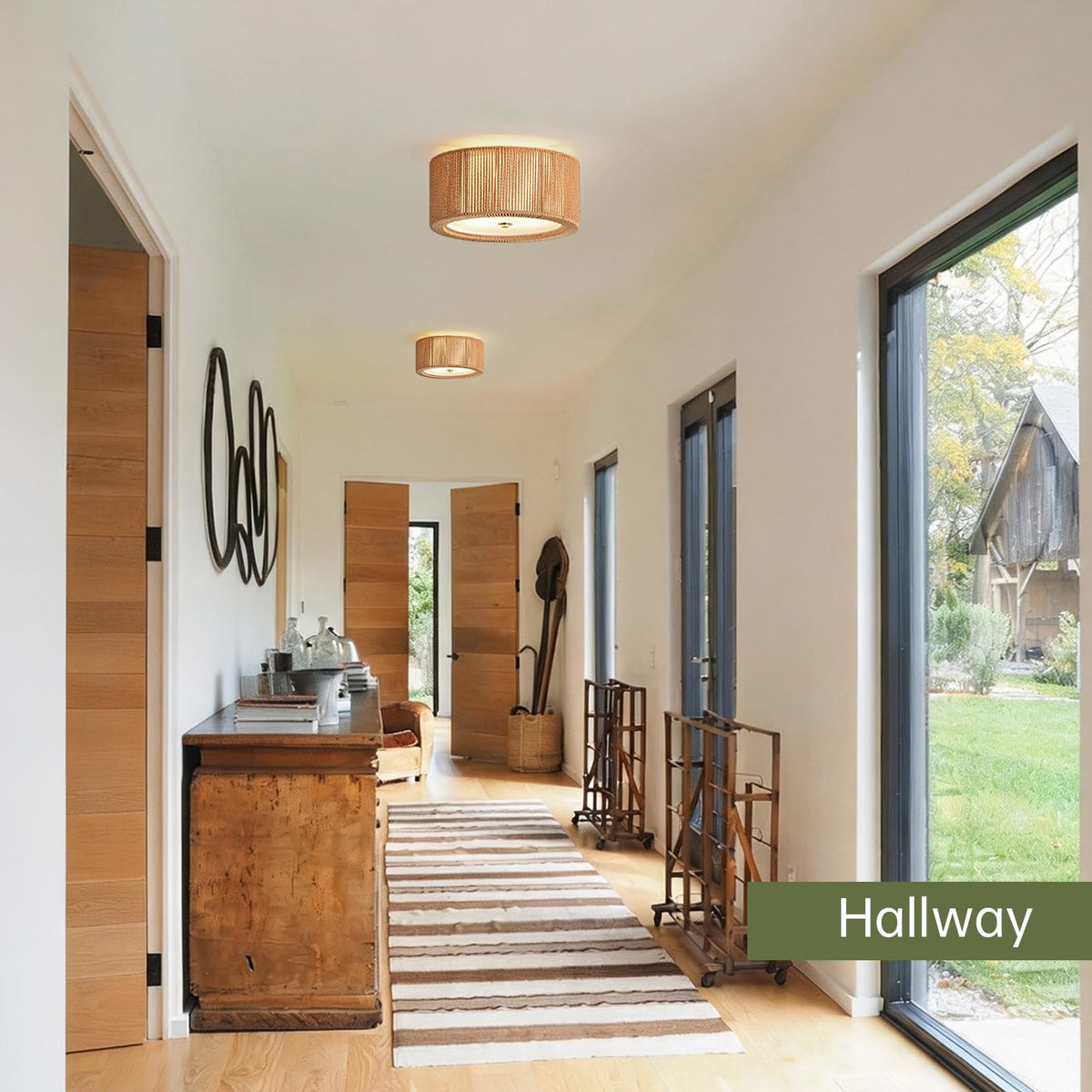 17.7" Rattan Ceiling Light (Vertical Weave- Brown / 17.7")