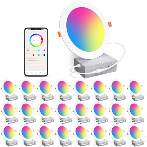 24Pack Smart Recessed Lighting 6 Inch RGBCW Color Changing 16W LED Downlight with Junction Box (White)