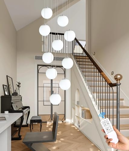 LED Staircase Chandelier Glass Globe Pendant Light Chrome Large Chandeliers for High Ceiling (Silver-White / Globe 10-Light)