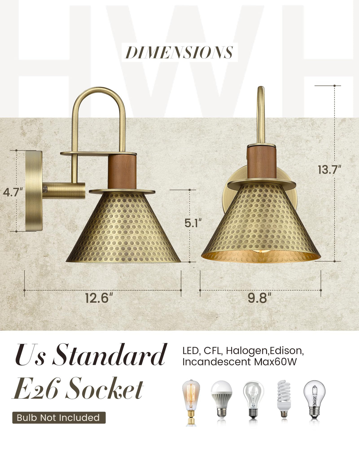 Antique Brass Wall Sconce (Hammered Brass / Large)