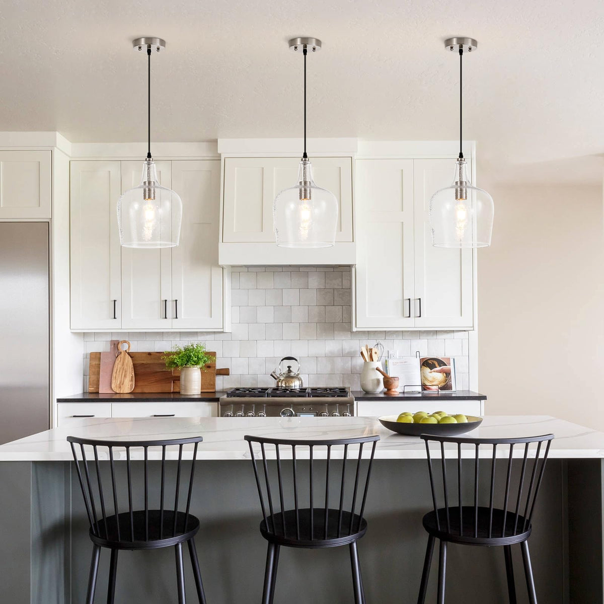 Large Hammered Glass Pendant Light Modern Brushed Nicklel 1 Light Single Dome Pendant Lighting Fixtures for Kitchen Island Dining Room Hallway (Brushed Nickel-Hammered)