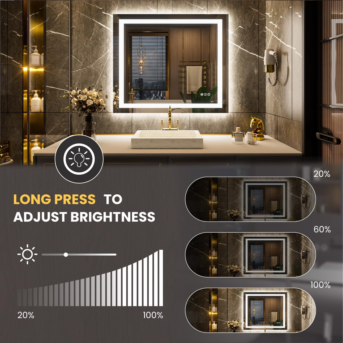 40"X34" LED Bathroom Mirror with Lights (Led / 40"L x 34"W)