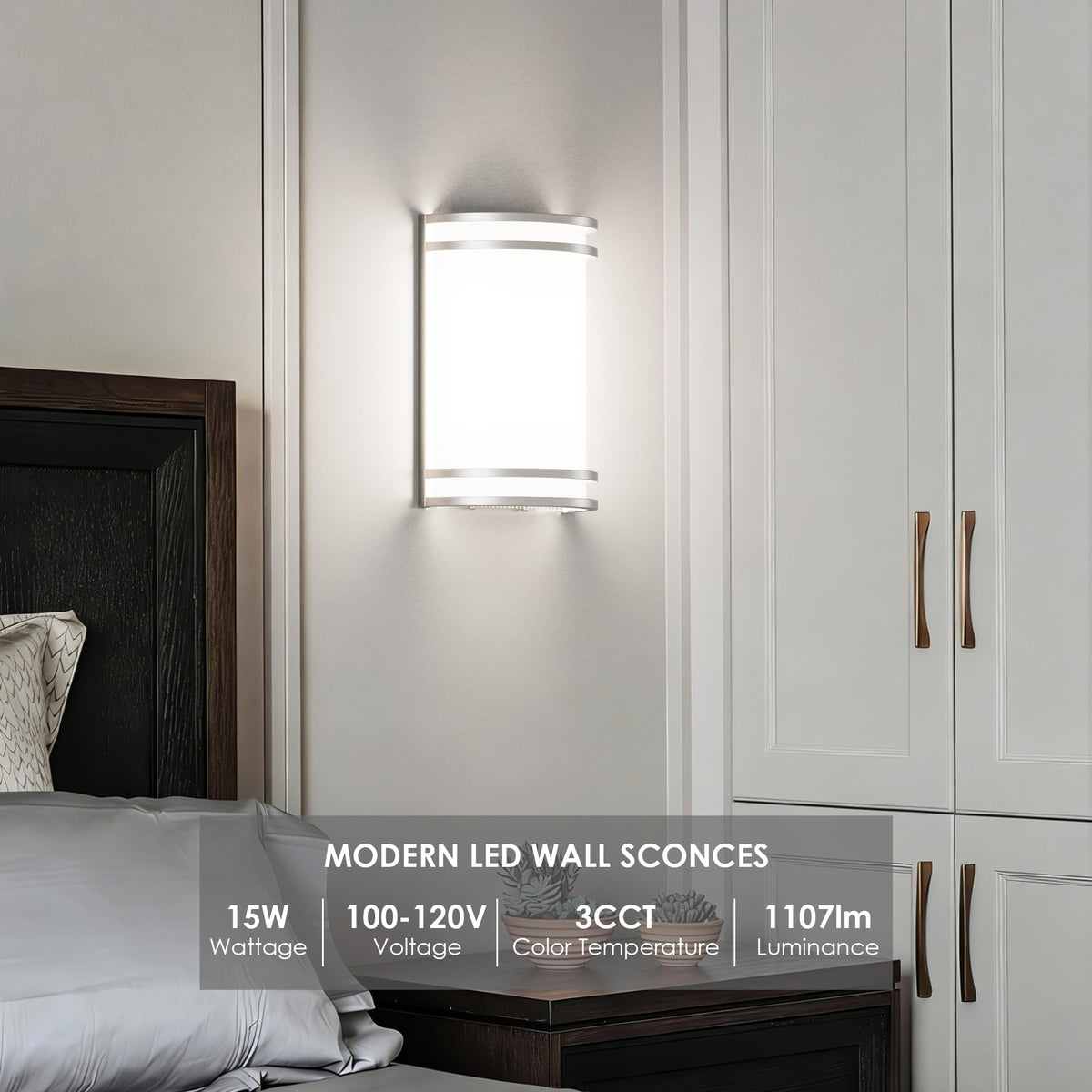 Modern Wall Sconces 15W LED Indoor Hardwired Dimmable 3000K 4000K 5000K Wall Lights for Living Room Hallway Bedroom (Brushed Nickel / 1 Pack)