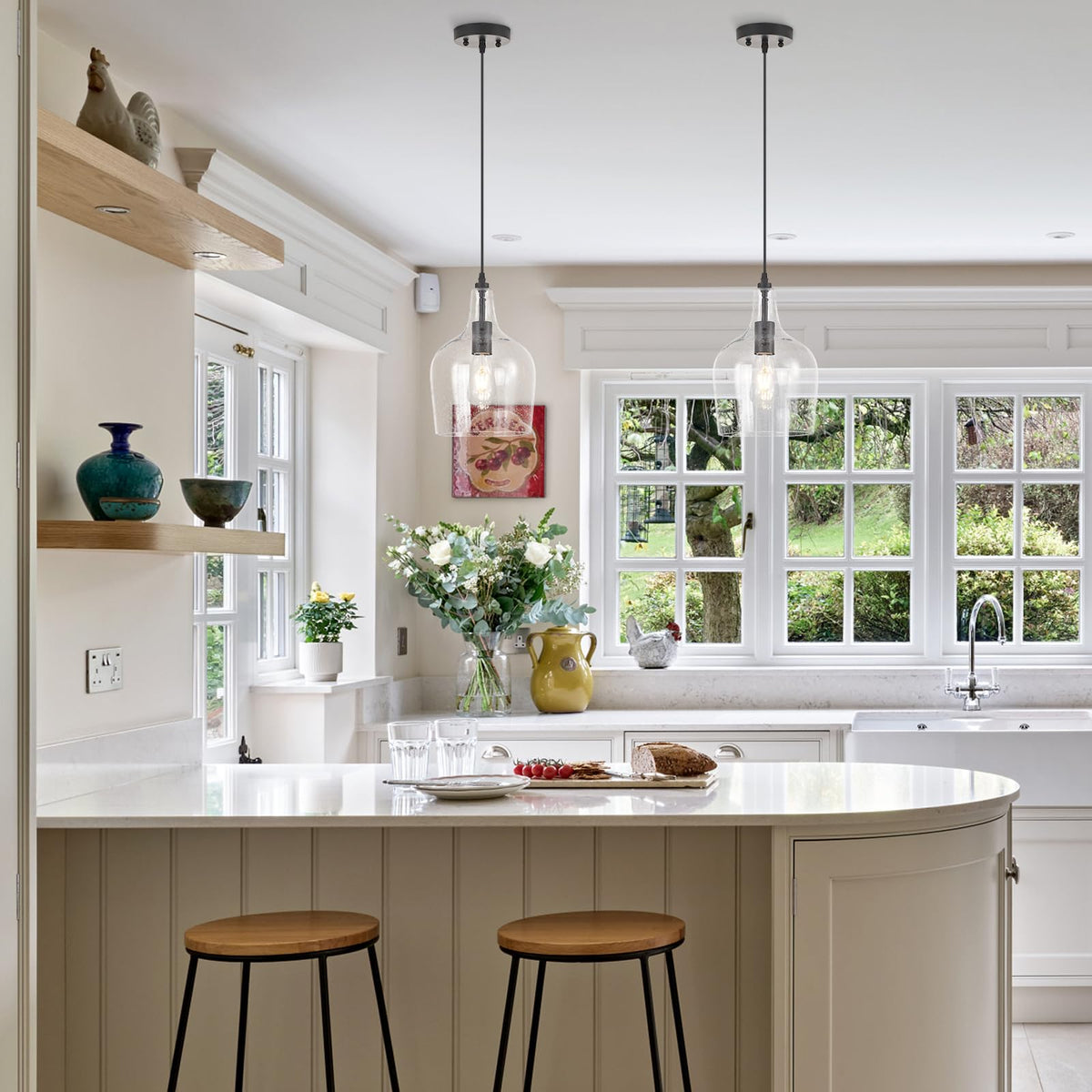 Seeded Glass Pendant Light Modern Black 1 Light Single Dome Pendent Lighting Fixtures for Kitchen Island Dining Room Hallway (Black-Seeded)