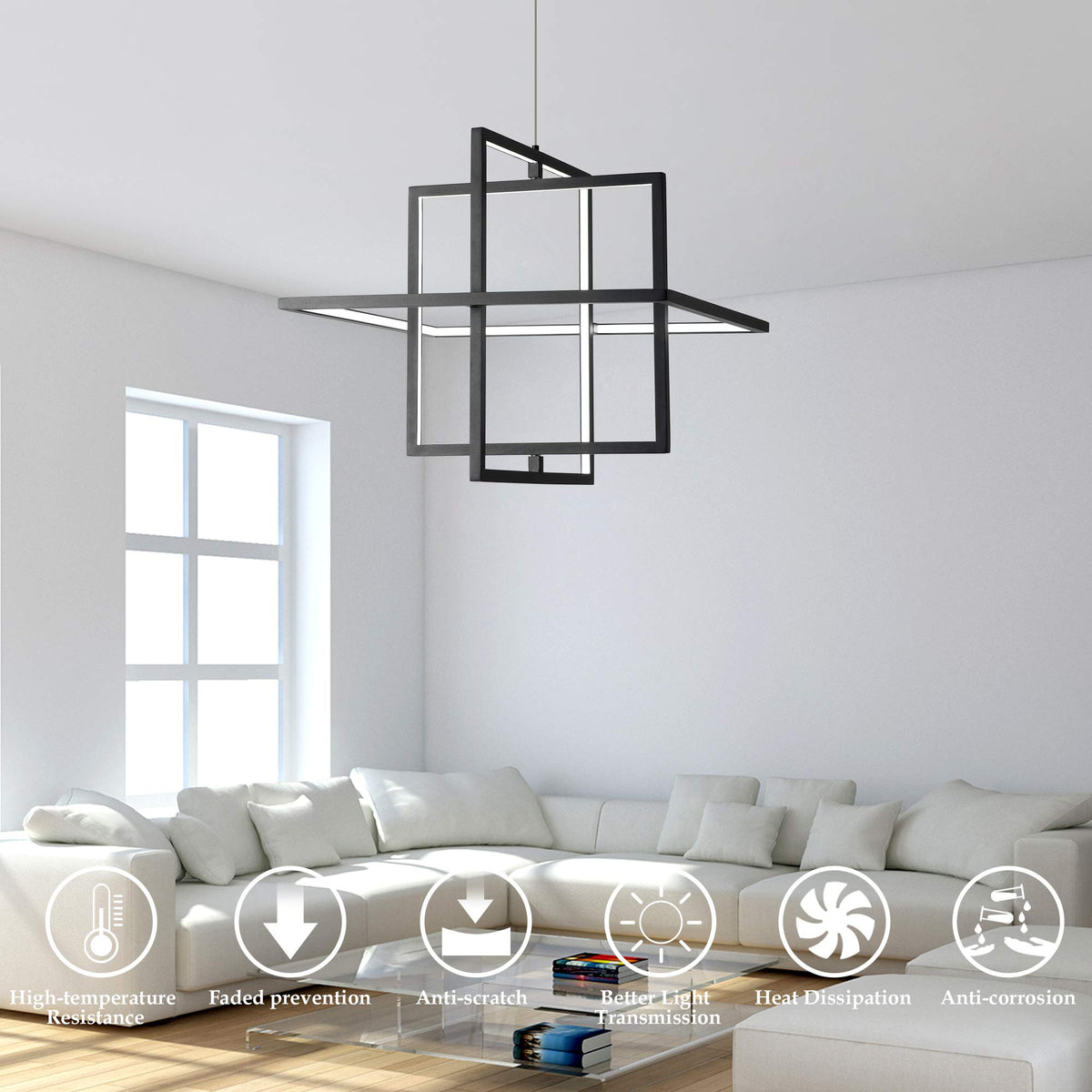 Modern Black LED Square Hanging Pendant Chandelier (Black / 3 Rings)