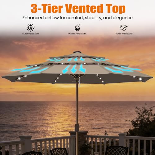 USA 10-Year-Non-Fading 10ft 3-Tier Market Patio Umbrella, Commercial Table Umbrella with 80 Solar LED Lights, Crank Open, Windproof & UPF 50+ UV Protection for Garden, Deck, Pool, Backyard, No Tilt, Mushroom (Mushroom / 10FT(Triple Vents No Tilt))