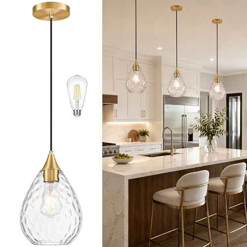 Gold Glass Pendant Lights Kitchen Island 8" Pendant Light Fixtures Hammered Clear Glass Height Adjustable Modern Hanging Pendant Lights for Dining Room Bedroom Hallway Sink Bulb Incl (Gold, 1 PK / 8 Inch)