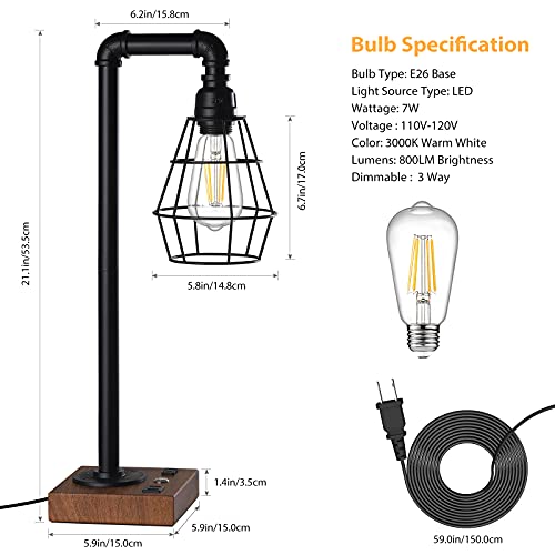 Industrial Touch Control Table Lamp with Metal Cage Shade