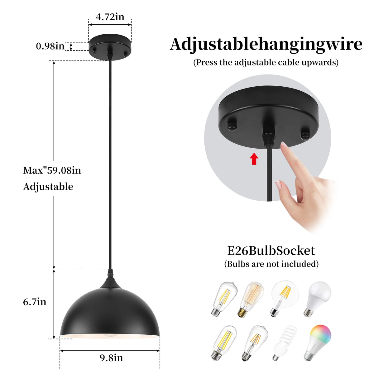 9.8 inch Kitchen Pendant Light 3 Pack (Black+White / 9.8in-3 Packs)