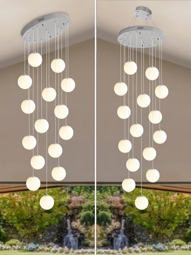 H 138" Large Chandelier with White Globe Glass Dimmable Ceiling Light Glass Pendant Light for Kitchen Island (Silver-White / Globe 15-Light)