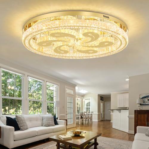 Modern Crystal Chandeliers for Dining Room Flush Mount Ceiling Chandelier for Living Room Dining Room Ring LED Crystal Ceiling Light (40in Gold)