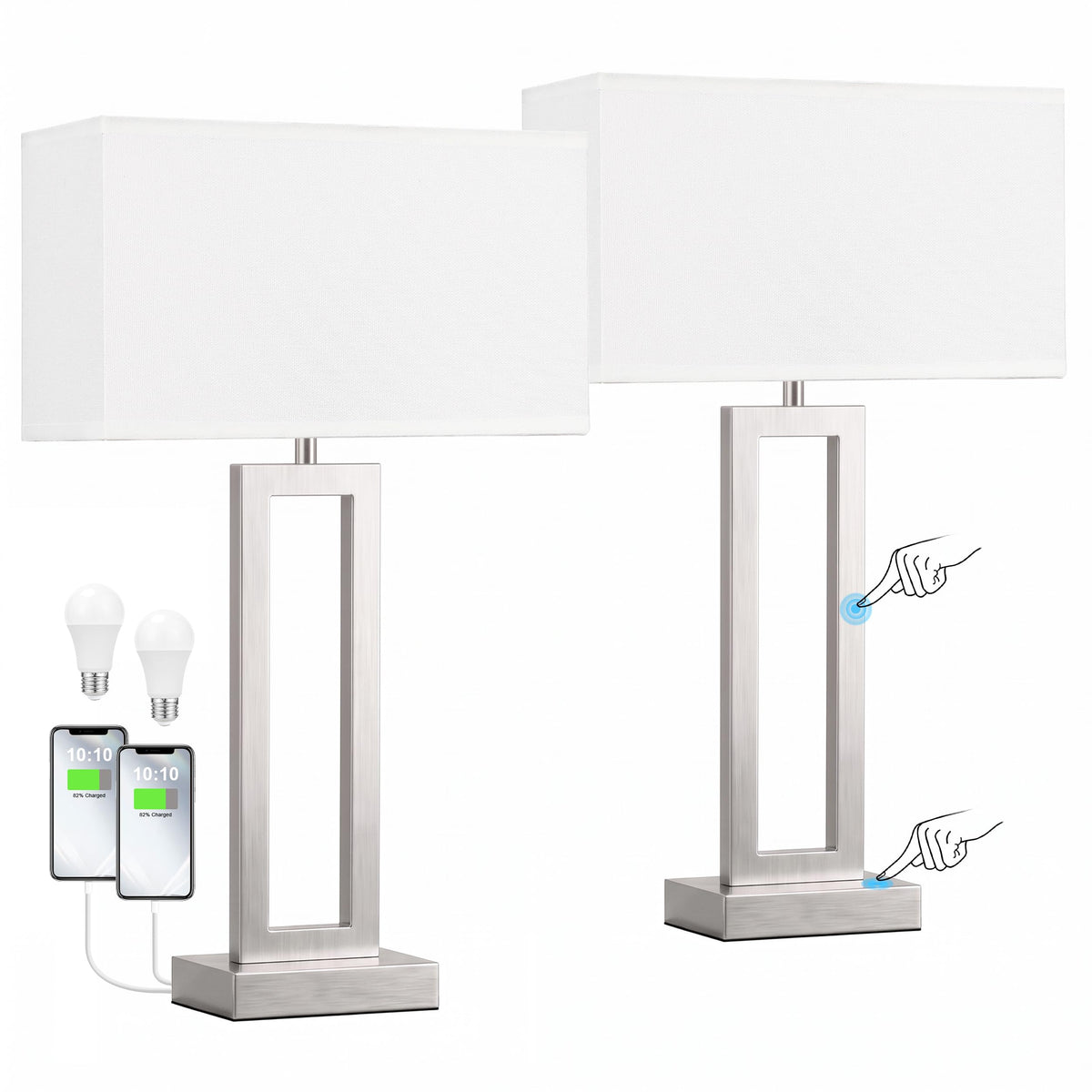 26" Tall Touch Lamps for Nightstand with USB C+A (D. White&Silver / Large(26in))