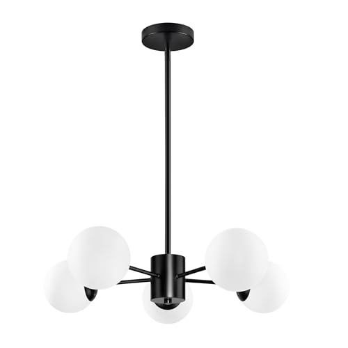 5 Light Globe Sputnik Chandelier Mid Century Sputnik Chandeliers Modern Black Globe Pendant Light Matte Black Finished with White Frosted Glass Lampshade for Dining Room Bedroom Kitchen