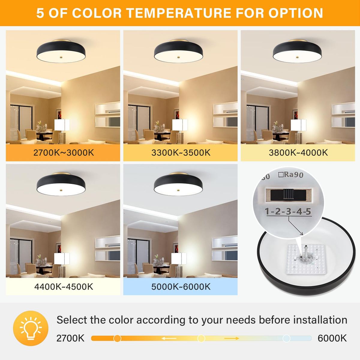 Dimmable LED Ceiling Light Fixture (Black / 15.74IN)