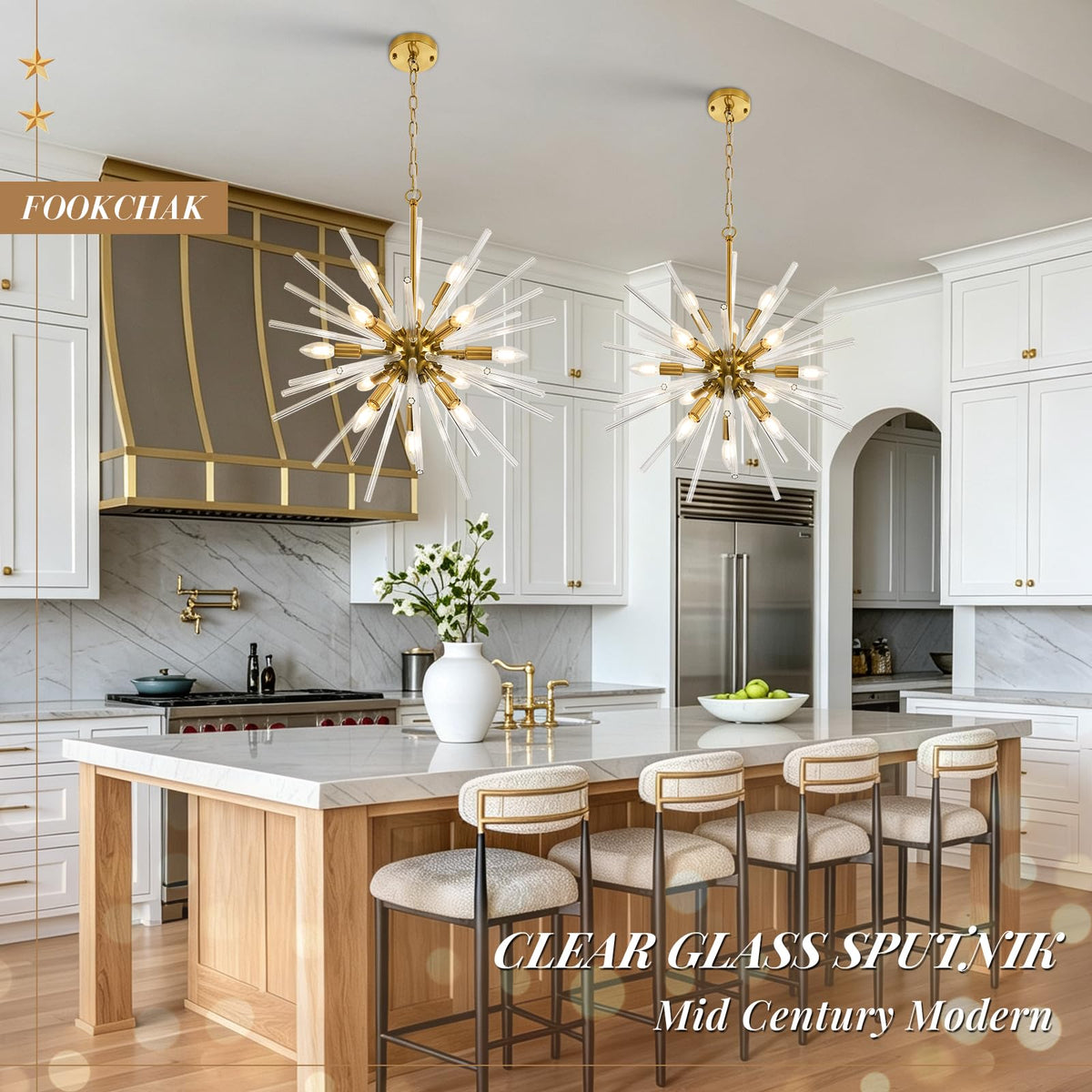 Starburst Glass Chandelier for Entry Foyer Gold Crystal Chandelier 24in (Gold / Clear / 24.10 inch)