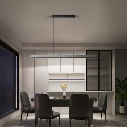 Minimalist Linear Pendant Light Dimmable LED Modern Chandelier Dining Room Island Light Restaurant Cafe Bar Office Hanging Lamp (Black / 57 Inch)