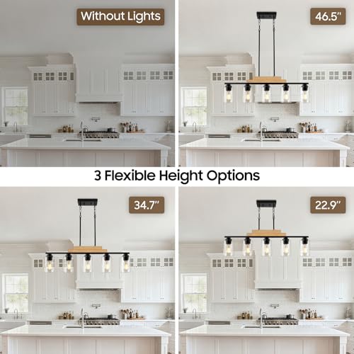 5 Light Wood Dining Room Light Fixture Over Table with Clear Glass Shade (Black & Beige / 5-Light)