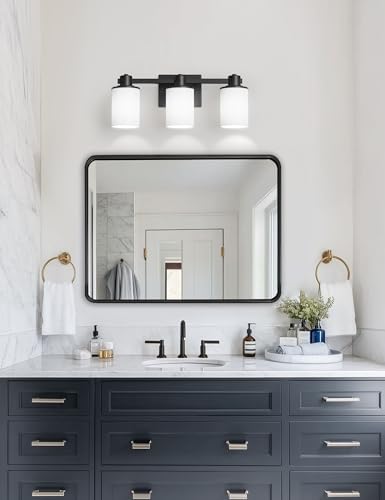 Bathroom Vanity Light Fixtures Over Mirror with Milk Glass Shade (Black & Milky White / 3-Light)