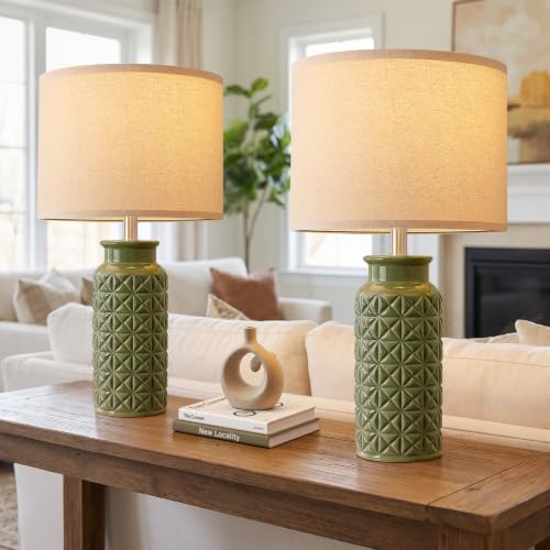 22.6" Modern Ceramic Bedside Lamps Set of 2 (Dark Green)