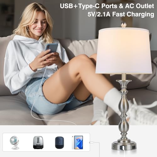 28" Tall Modern Table Lamp with USB A+C Ports and AC Outlet (Silver- 1 Pack)