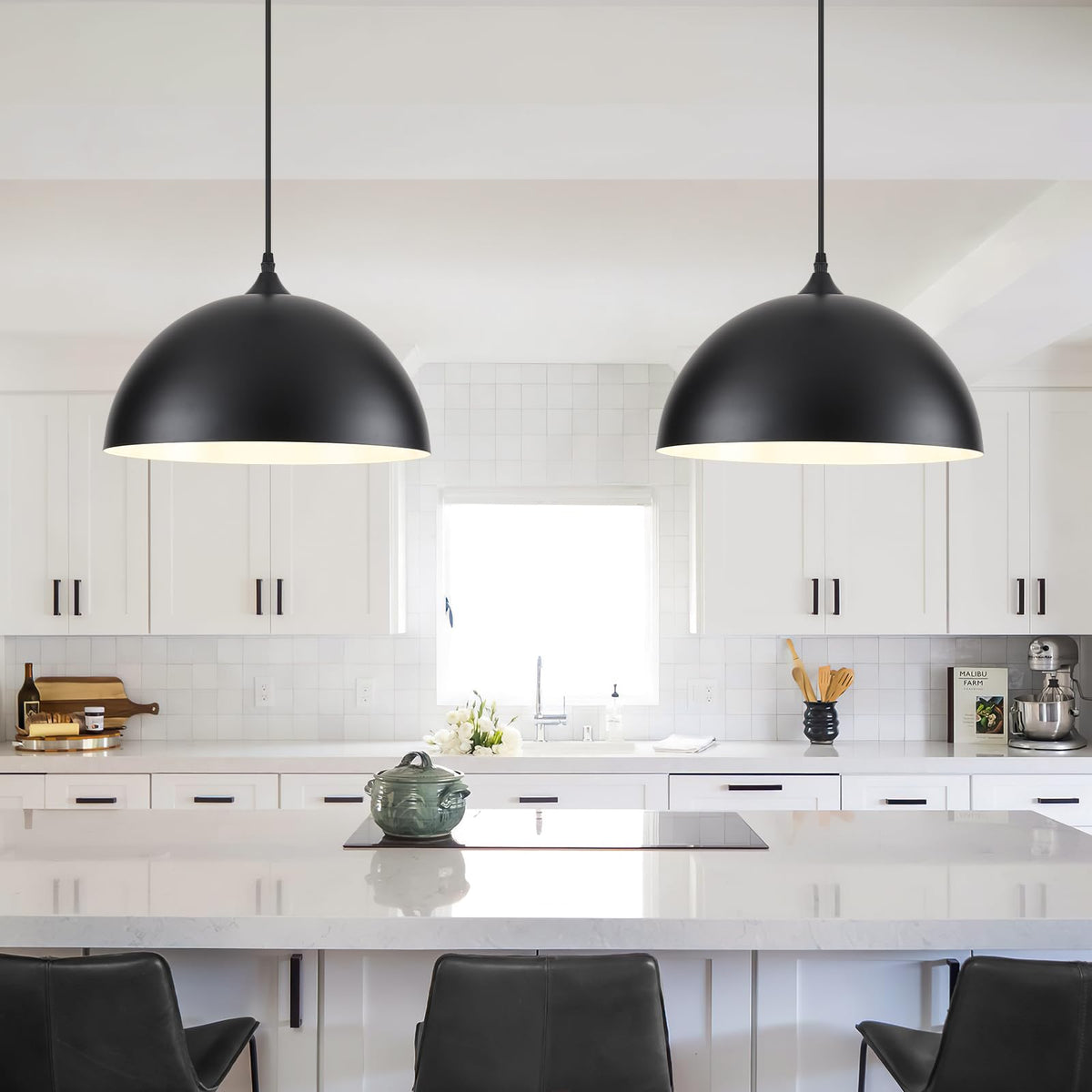 14 Inch Black and White Dome Pendant Light (Black+White / 14"x2)