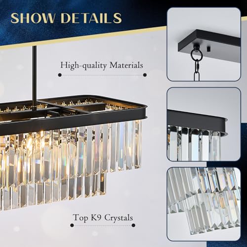 Black Crystal Chandeliers 11 Lights 33.5" Rectangle Chandelier (Black / Long-33.5”)