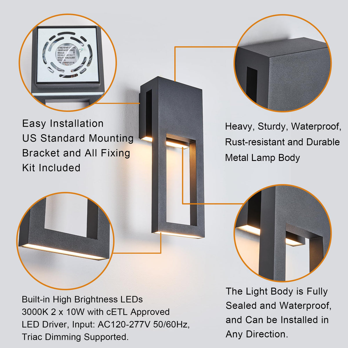 2 Pack Outdoor LED Lights Dimmable (2Pack Textured Black(without Photocell))