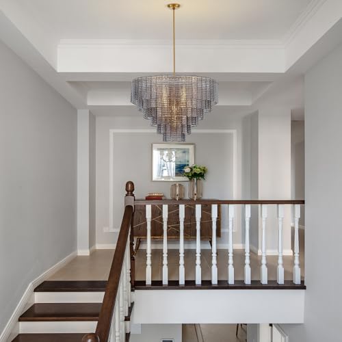 Dia 32.5 Inches Large Modern Smoke Gray Glass Chandelier Brass Finish (Smoke Gray Glass)