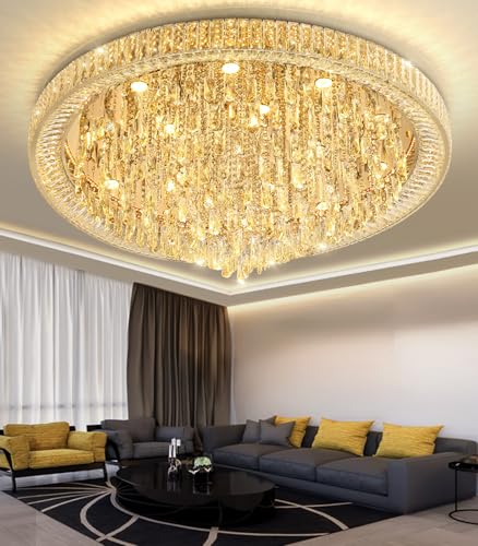 Modern Crystal Chandeliers LED Dimmable Flush Mount Ceiling Chandeliers for Living Room High Ceiling Entrance Foyer Lobby Bedroom Gold (Gold / 47.2" Width)