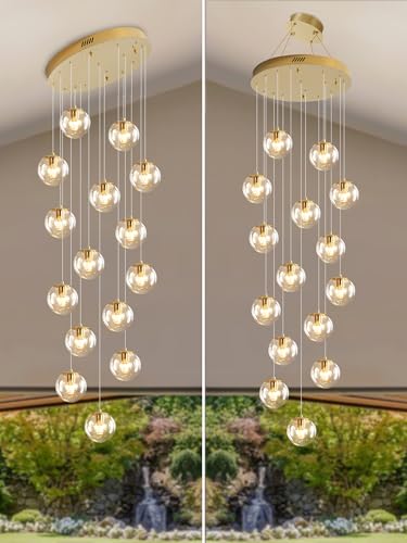 15 Light Gold Chandelier with Globe Glass Dimmable Ceiling Light Glass Pendant Light for Kitchen Island (Gold-Clear / Globe 15-Light)