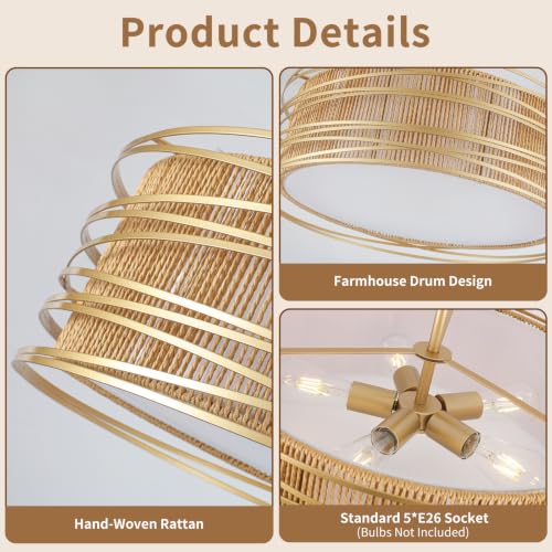 5 Light Rattan Drum Chandelier 23.6'' Boho Gold Pendant Light (Gold / 23.6")