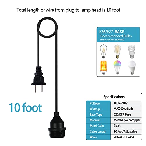 10Foot with Wire Electric Light Socket Waterproof Plug Light Outdoor Plug Light E26