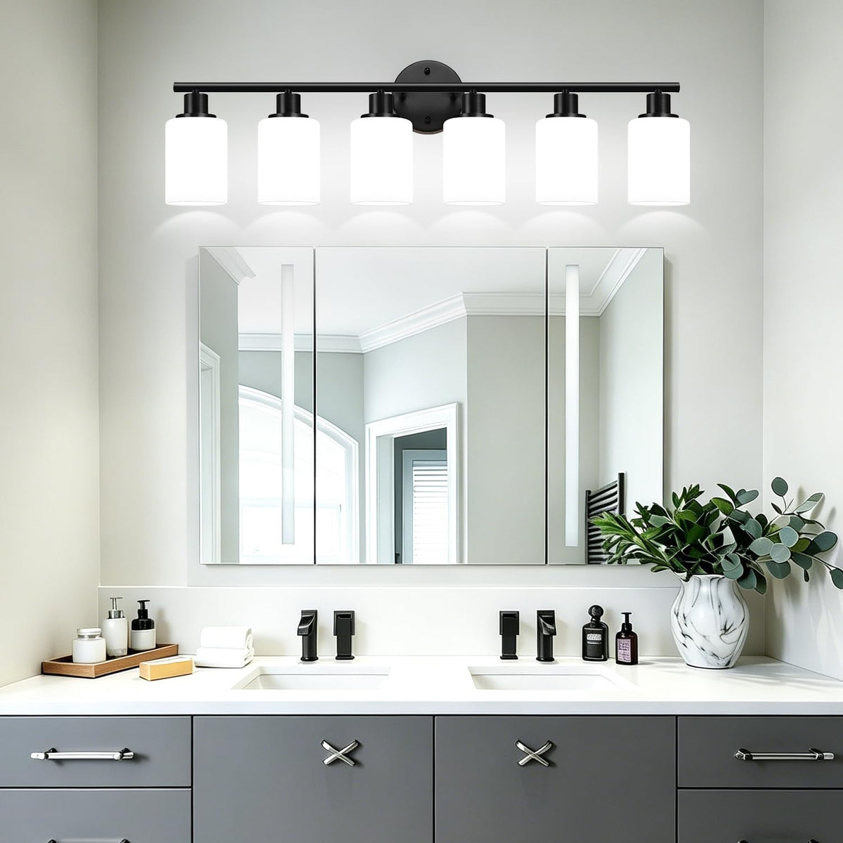 6 Light Bathroom Light Fixtures (Matte Black & Milky White Glass / 6-light)