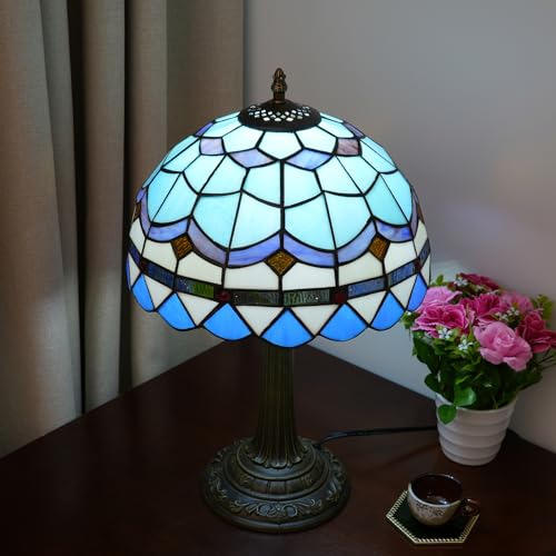 Tiffany Table Lamp Stained Glass Lamp Mediterranean Blue Bedroom Table lamp Reading Desk Light for Bedside Living Room Office Dormitory Dining Room Decorate Housewarming Gift 12X12X18 inches (Blue Mediterranean Style)