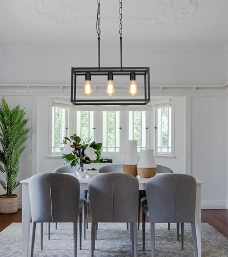 3 Light Black Linear Chandelier Modern Rectangle Farmhouse Dining Room Light Fixture for Kitchen Island Bar UL Listed (3-Lights)