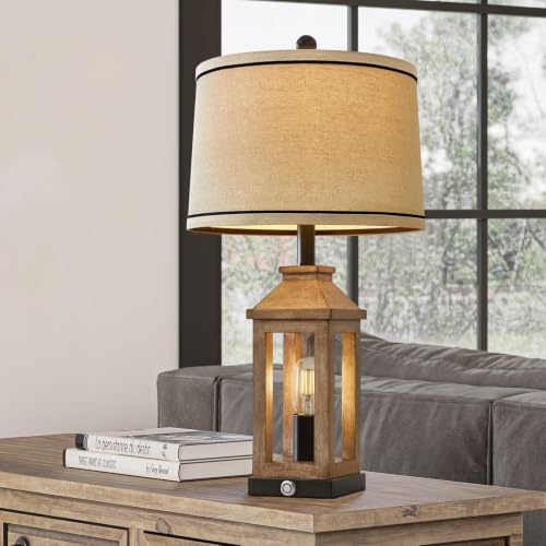 23.75" Farmhouse Table Lamps USB A+C Charging Ports 3 (Wood)