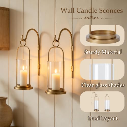 Wall Candle Sconces Hurricane Candles Holder Modern Pillar Candle Lantern (Gold)