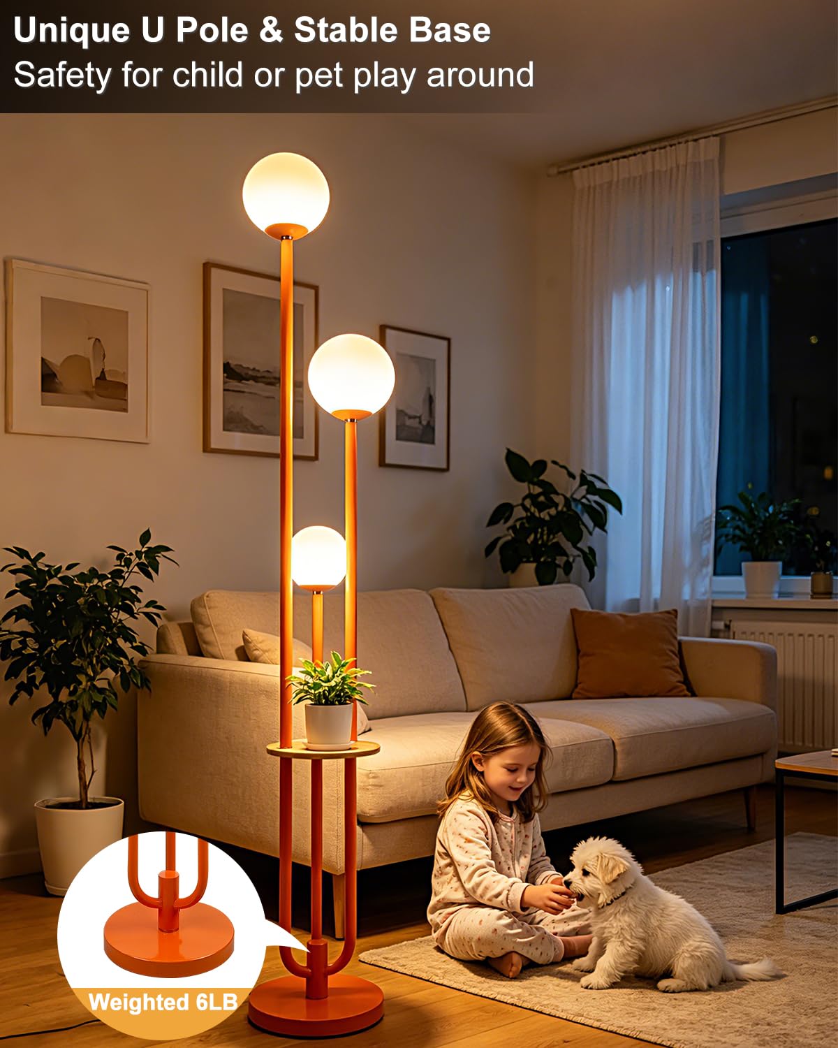 Dimmable 3 Light Globe Floor Lamp with Storage Shelf (Orange-3UE)