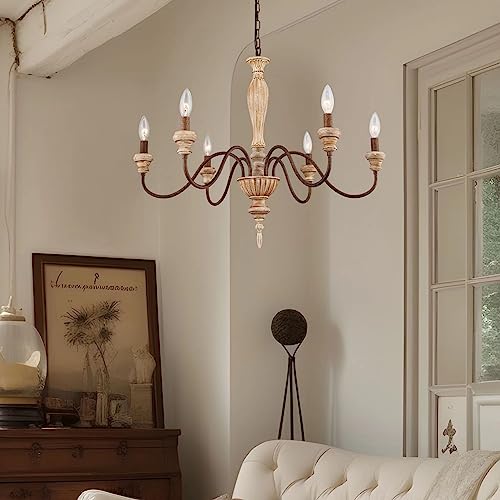 6 Light 28in Farmhouse French Country Chandelier for Dining Room (Brown)