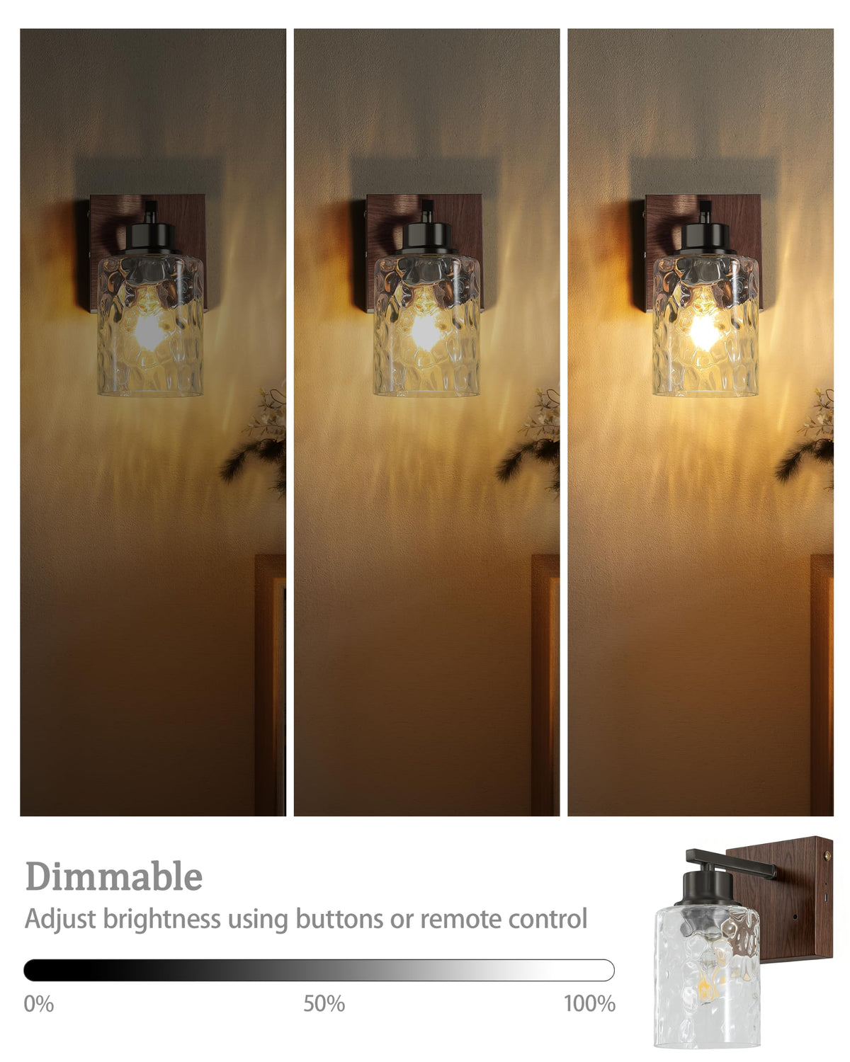 Hammered Glass Battery Operated Wall Sconces Set of Two Black & Walnut (Black Walnut & Hammered Shade)