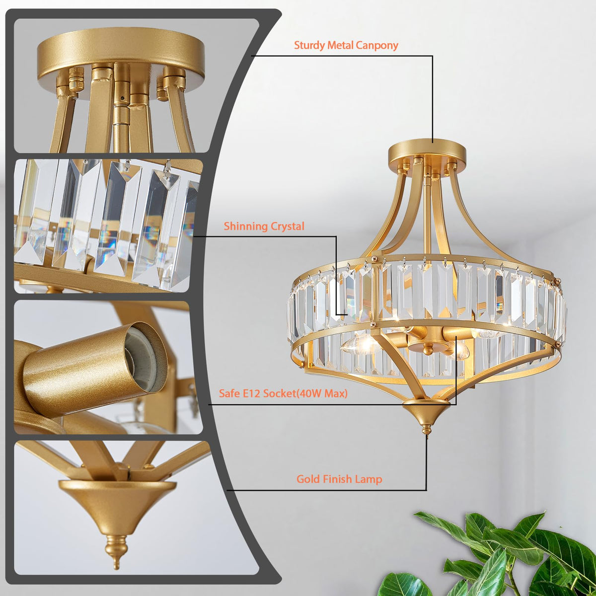 Modern Gold Crystal Chandelier 4 Lights Semi Flush Mount Ceiling Light Fixture E12 Base Farmhouse Mid Century Chandelier for Dining Room Bedroom Hallway Entryway Kitchen (Ceiling Light-Gold)