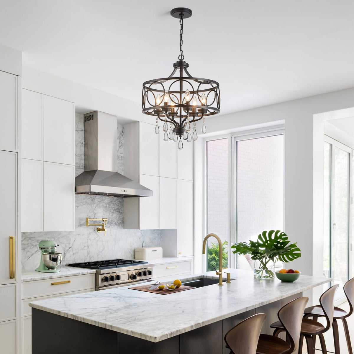 Modern Black Chandelier 17.7" Metal Crystal Pendant Lighting Fixture Hanging 6