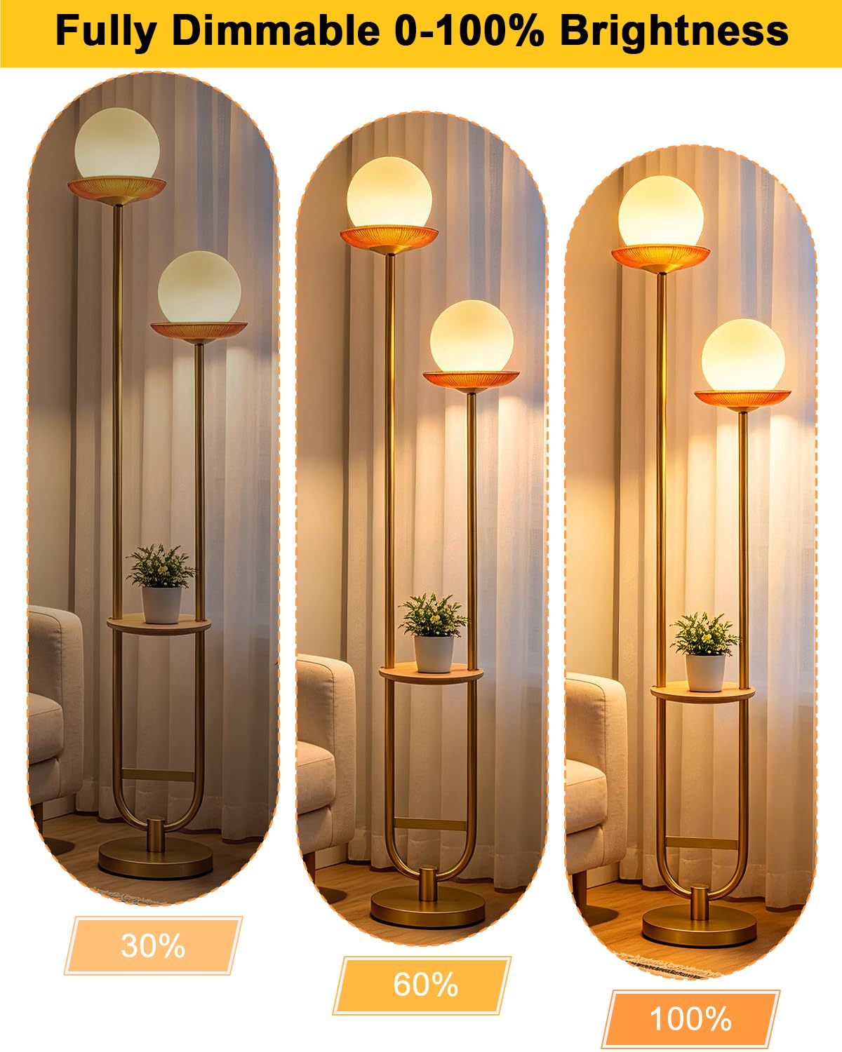 2 Globe Floor Lamp with Red Glass Tray Gold Dimmable Tall Lamp (Red-2U Gold)